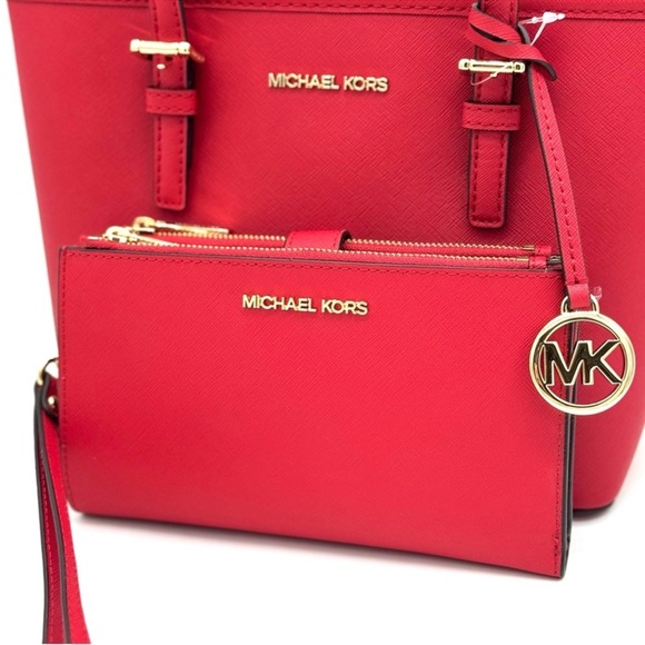 Michael Kors Jet Set Travel Extra-Small Top Zip Tote Bag & Double Zip Wallet Red - Picture 9 of 11